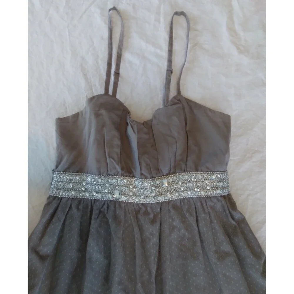 Daytrip Dress Gray Strappy Babydoll Lace Ruffles Rhinestones Beads Womens Medium - Picture 2 of 7